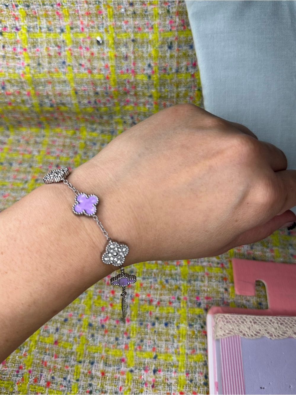 Silver Bracelet with Lavender Clover Charms